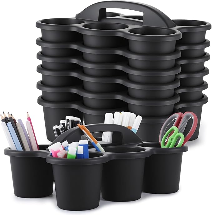 gisgfim 6 Pack Classroom Caddy Organizer with Handle, 6 Compartments, Black | Stackable Plastic Table Caddies, 12x9x3.5 In, caddy Organizer for School Supplies, Crayons, Pencils, Crafts and Drink Cups by gisgfim