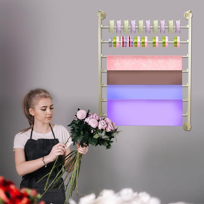 ikare Ribbon Storage Organizer,Wall Mounted Ribbon Organizer,Wrapping Paper Rack,7-Tier Metal Ribbon Storage for Craft Room,Flower Shop,Gift Wrapping Paper,Golden - Image 2
