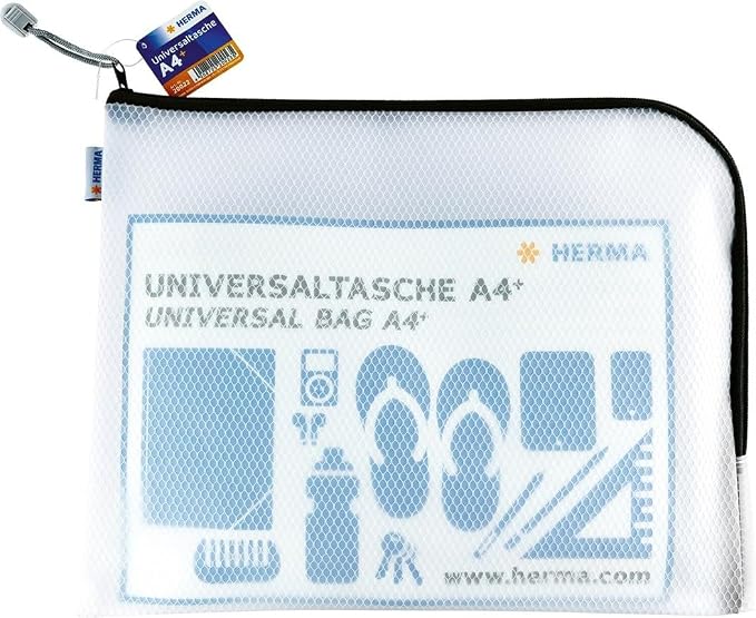 HERMA 20022 Zip Document Bag A4, transparent (36 x 28 cm) large zippered mesh pouch with zipper for laptop, tablet, books, papers, toys, clear storage wallet with zipper in black by HERMA