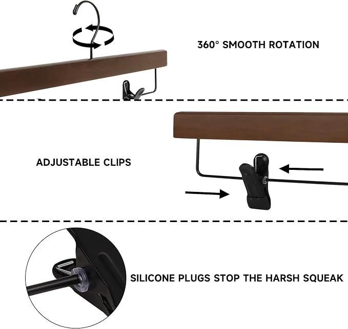14" Wood Pants Hangers with Adjustable Non-Slip Clips, Walnut, 12-Pack | Solid Wood Material, Bottom Hangers with 360° Swivel Hook, Space Saving Hangers for Skirts, Slacks, Trousers, Jeans - Image 3