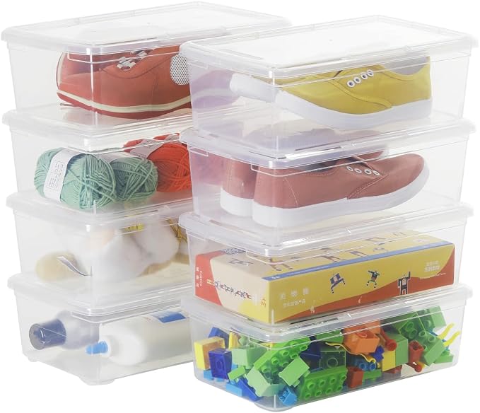 Stackable Plastic Storage Shoebox,Clear Bins (Transparent 8Pack) | BPA-Free, Nestable, Home and Office, Latching Lid, Multi-Purpose by OMNISAFE