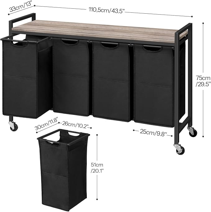 HOOBRO Laundry Sorter 4 Sections, Laundry Hamper with Wheels, 4 × 10.5 Gal (39.8L), Rolling Laundry Basket, Pull-Out and Removable Oxford Fabric Bags, Greige and Black BG04XY01 - Image 3