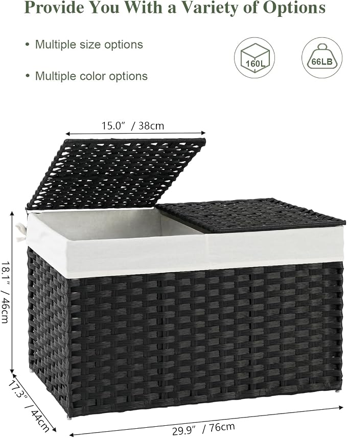 SETVSON Storage Basket with Lid Wicker Baskets for Storage, 160L Black | 42.3 Gallon Dual Lid Jumbo Blanket Storage Trunk, Divided Clothes Organizer, 2 Washable Liner Bags, Collapsible PE Rattan Bin - Image 2