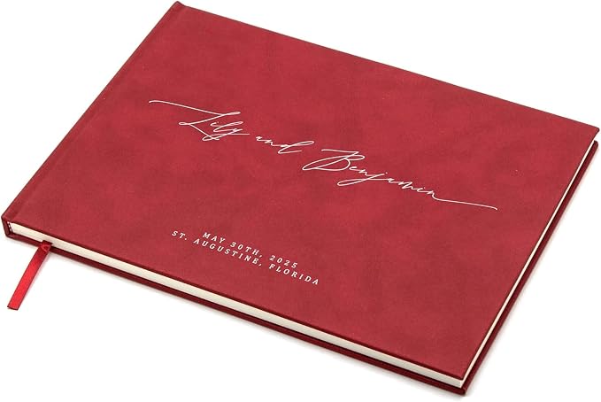 Personalized Guestbook in Red - Premium Custom Modern Guest Book for Wedding Reception, Birthday Party or Events w/Bookmark Blank Pages for Signing 11.5 x 8.5 inches by MUUJEE