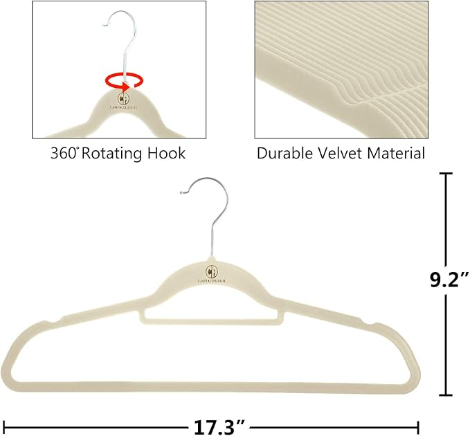 Velvet hangers, non-slip ultra slim space saving hanger, with notches, tie bar, and swivel hooks, 30 pack, with bonus 20 matching velvet finger clips. (ivory [beige/white]) - Image 5