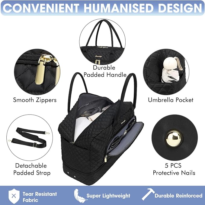 Initial Travel Duffle Bag for Women - Black Personalized Weekender bags Overnight Bag with Shoe Compartment & Wet Pocket Weekend Tote Bags with Toiletry Bag Monogram Christmas Gift (Letter L) - Image 4