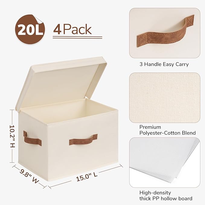 CHICVITA 4-Pack Medium Fabric Storage Baskets with Lids for Shelves,Ivory | 15" x 9.8" x 10.2" Closet Storage Bins with Durable Support Plate, Toy Storage with Handles for Playroom - Image 4