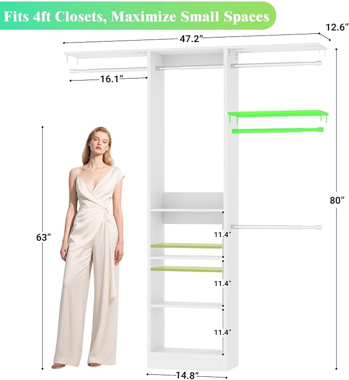 Besiost 4FT Small Closet Organizer System with 4 Hanging Rods & 3 Shelves | 48" Closet System for Small Closets, 80" H Small Closet Organizers and Storage for Bedrooms, Cloakrooms, White - Image 2