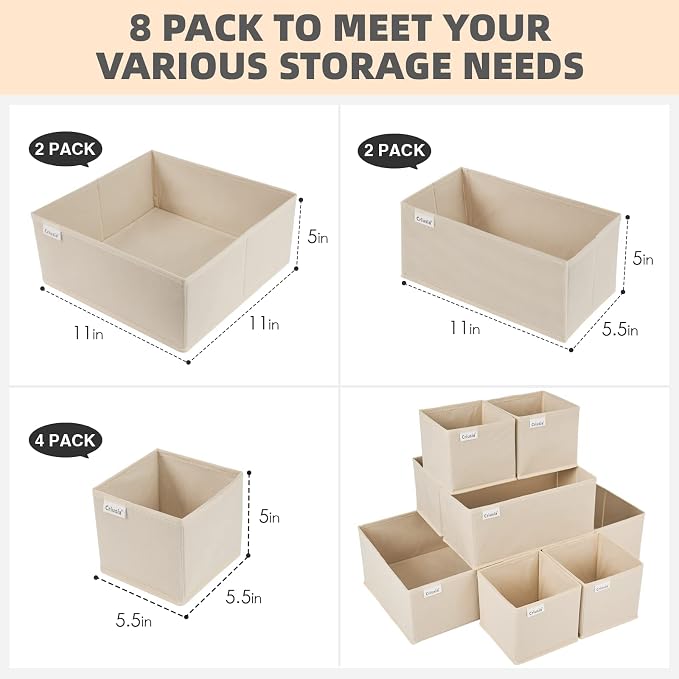 Drawer Organizer Clothes, 8 Pack Underwear Drawer Organizer, Foldable Cloth Storage Box Closet Organizers and Storage for Clothes, Socks, Scarves, Ties (Beige) - Image 2