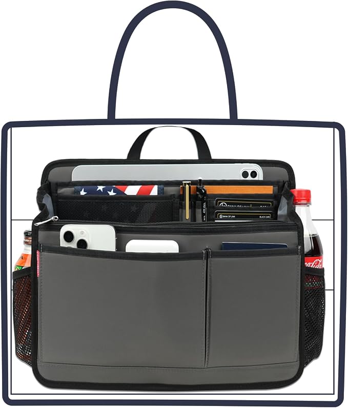 Large Rugged Organizer Insert for Briefcase Tote Shoulder Messenger Bag-20 Pockets,Padded Water-repellent Nylon-Gray - Image 8