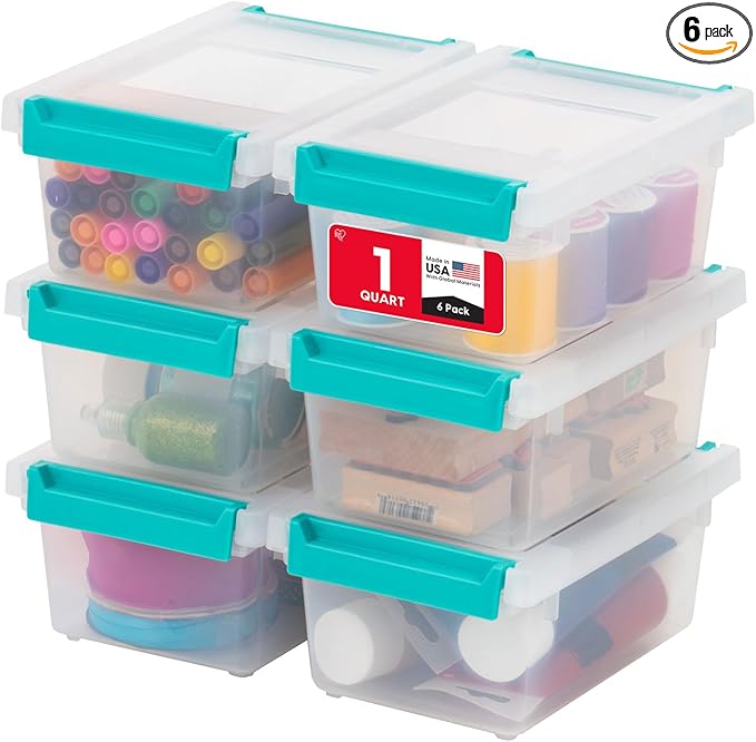 IRIS USA Storage Bins with Lids |Made in USA| 1 Qt - (6-Pack) - Clear | Sensory Craft Organizers, Plastic Clip Box Totes, Flat Containers for Organizing Paper, Office, Art & Study Supplies by IRISUSA