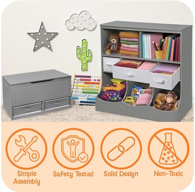 Badger Basket Two-Bin Stackable Toy Storage Cubby Organizer for Kids – Durable Kids Room Storage, Books & Toys Organizer, Charcoal/Light Gray - Image 3