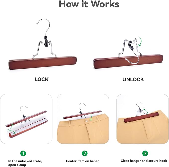 Nature Smile Wooden Non-Slip Pants Skirt Hangers - Smooth Finish Solid Wood Jeans Slack Clamp for Hair Extensions (20 Pack Cherry) - Image 3