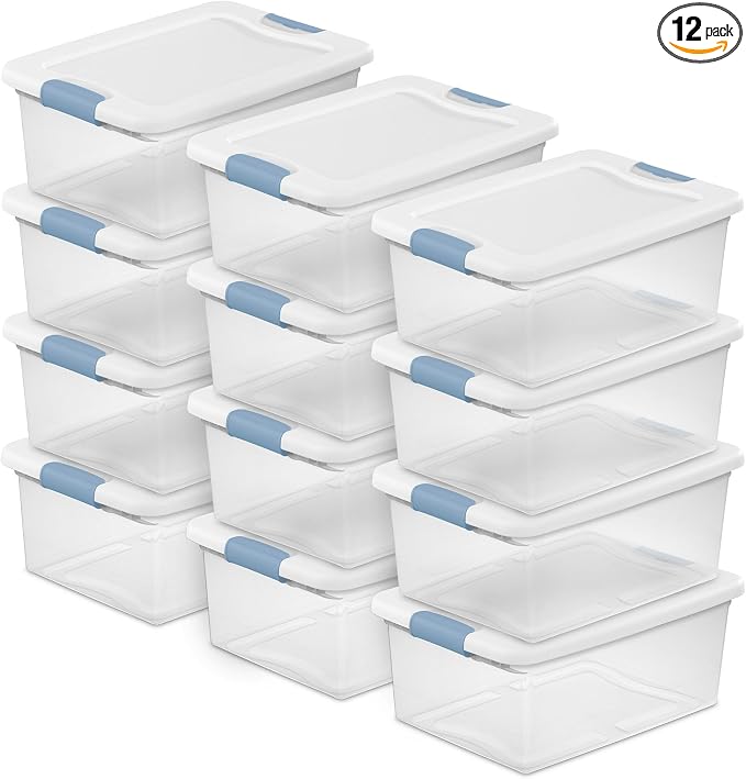 Sterilite 15 Qt Latching Storage Box, Stackable Bin with Latch Lid, Plastic Container to Organize Closet Shelf, Clear with White Lid, (Pack of 12) | Heavy-Duty and Stackable Plastic Containers with Latches for Closet, Cabinet, Bedroom, Bathroom and Dor... by Sterilite