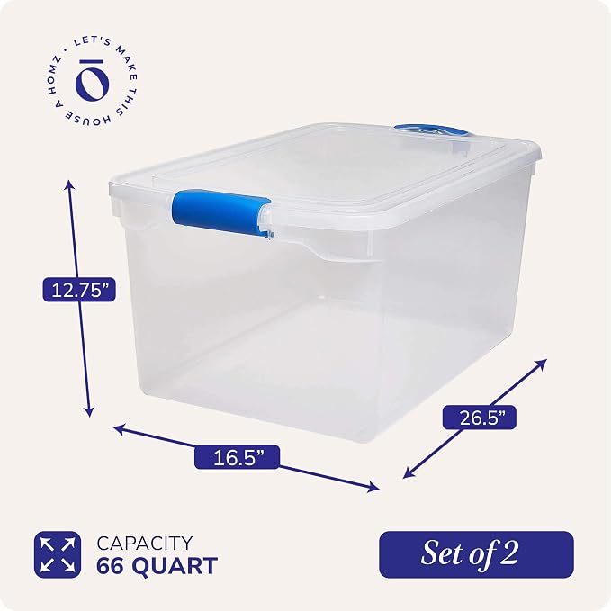 HOMZ Clear Plastic Storage Bins w/Latching Lid, 66 Qt, Blue Latch, 2 Pack | Large Stackable Container Boxes for Homes, Bathrooms, Garages, and Office Organization - Image 4