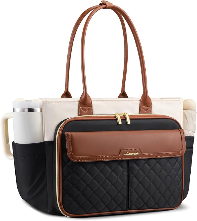 LOVEVOOK 17 Inch Laptop Tote Bag for Women, Teacher Nurse Work Tote Bags with Large Cup Holder & Accordion File Area for Office, Travel, College, Computer Handbags Quilted Diaper Bag Gifts by LOVEVOOK