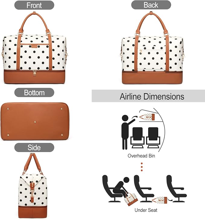 3Pcs Set Polka Dots Weekender Bags for Women Canvas Carry On Overnight Bag Travel Duffle Tote Bag for with Shoes Compartment, Brown - Image 7