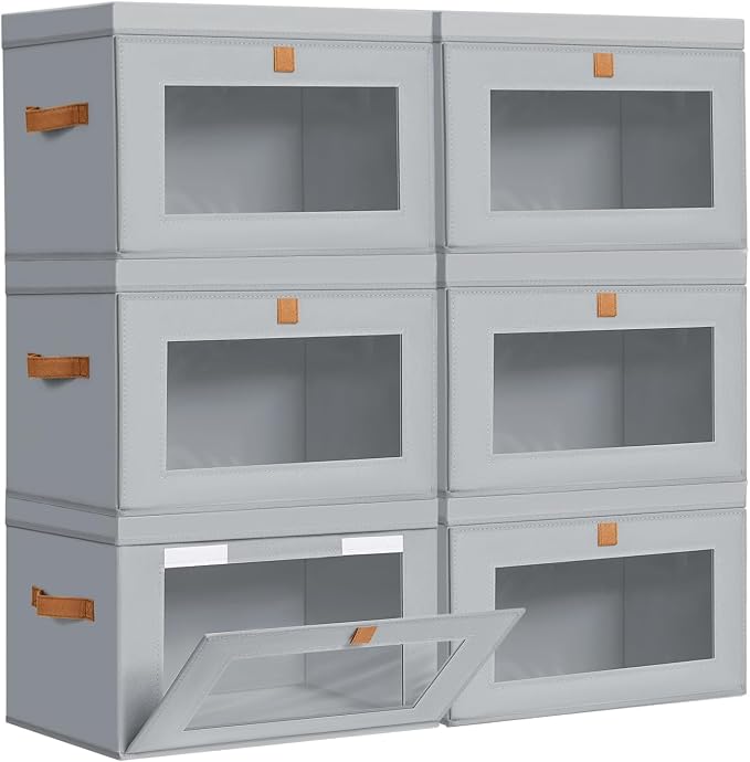 DIMJ Storage Bins with Lids - 6 Pack Large Fabric Closet Organizer with Window & Handles, Collapsible Decorative Storage Boxes for Shelves Under Bed, Books Clothes Blankets Sweaters Organization by DiMJ