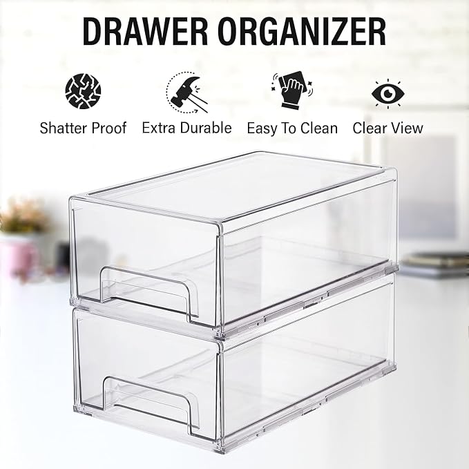 Clear Plastic Stackable Storage Drawers Bins, Perfect for Kitchen Pantry Organization and Storage, Under Sink Organizer, Pull Out Cabinet Organizer, Makeup, Bathroom Storage Containers for Organizing - Image 3