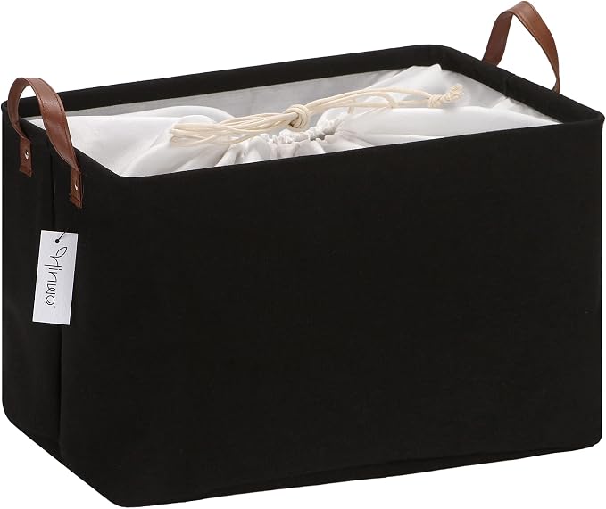 Hinwo 31L Large Canvas Storage Bin with Lid and Handles | Collapsible Fabric Basket, Closet Shelf Organizer, Container for Clothing, Blankets, Toys, Bedding (Black) by Hinwo
