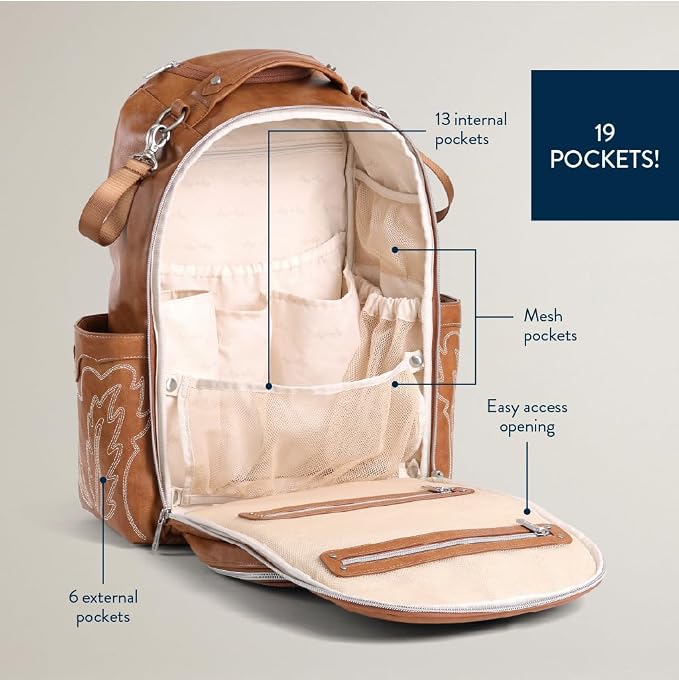 Itzy Ritzy Boss Plus Large Diaper Bag Backpack with 19 Pockets (Saddle) | Includes 2 Insulated Bottle Pockets, Changing Pad, Stroller Clips, Comfortable Padded Straps, Easy-to Clean, Travel-Ready - Image 4