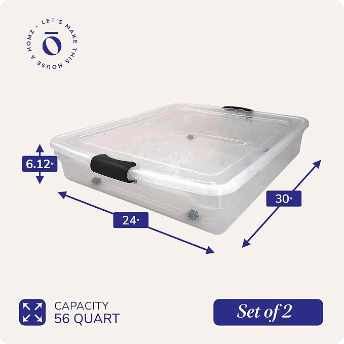 HOMZ 2-Pack Under Bed Storage, Clear Plastic Containers with Lids, 56 Quart, Gray Latch - Stackable Underbed Organizer Bins for Shoes, Bags, Clothes, and Towels - Image 4