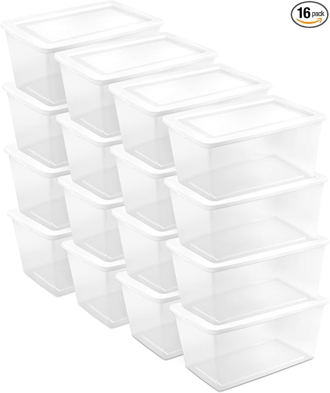 Sterilite 16 Pack Storage Box, 90 Quart Stackable Tote, Clear Plastic Container with Secure Snapping Lids for Home and Office Organization, White by Sterilite
