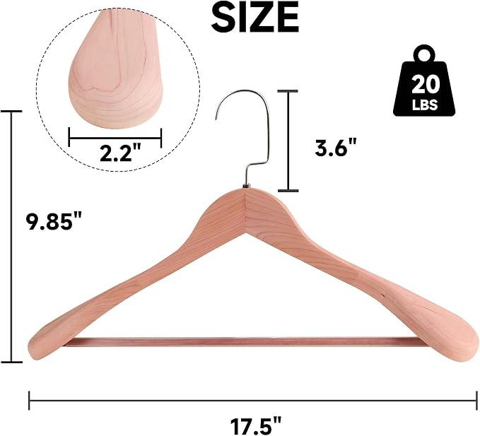 17.5" Wooden Suit Hangers with Non Slip Pants Bar, Cedar Wood, 2-Pack | Wood Extra-Wide Shoulder Hangers with Flat-Head Hook for Suits, Coats, Jackets, Shirts, Pants, Heavy Clothes - Image 2
