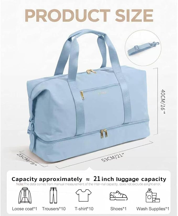 Oeihuivt Weekender Bags for Women, Light Blue, 21 Inch, 2-Piece Set | Large Travel Duffel Bag, Shoe Compartment, Heavy-Duty Canvas Leather, Carry On Overnight Tote - Image 3