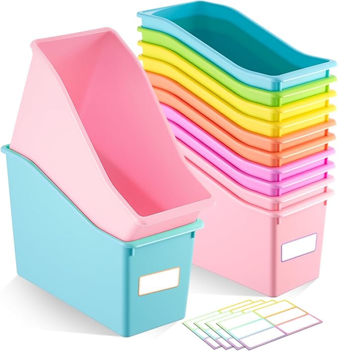 Geetery 50 Pcs Book Bin for Classroom with Labels Stackable Plastic Organizing Bins 11.5 x 5.4 x 7.5 in Book Holders Storage Bins Box Baskets for Classroom Library Home (Pastel Color) by Geetery