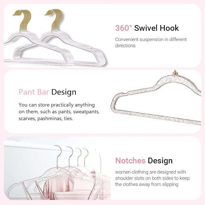 Pink Clothes Hangers 16", 20 Pack Plastic Clear Coat Hanger for Adult Closet, Durable Bling Ganchos de Ropa with Swivel Hook, Notched Shoulders & Ultra-Thin Space Saving Laundry Hanger for Dress Suits - Image 4