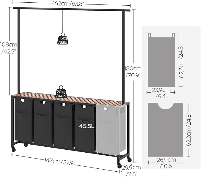 Laundry Hamper, Laundry Sorter 5 Section, Rolling Laundry Basket, Laundry Sorter with Hanging Bar, Hampers for Laundry, Laundry Basket Organizer for Laundry Room, Rustic Brown LS57BR - Image 3