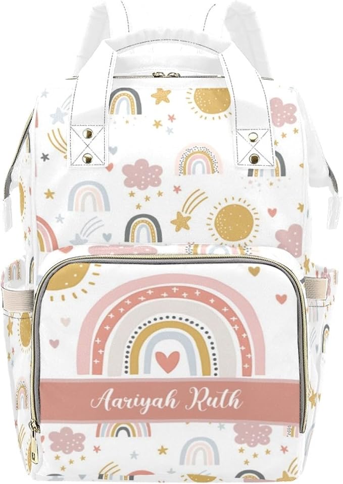 Custom Baby Diaper Bags with Name, Rainbow Personalized Diaper Bag Backpack Mommy Bag Diaper Nappy Bags Casual Daypack Travel Shoulder Bag for Mom Dad Multi Color by Noverbibi