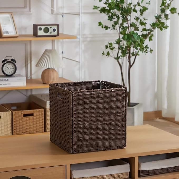 3Pcs Woven Shelf Baskets, 10.5'' Paper Rope Handmade Open Storage Bins, Dark Brown Pantry Baskets Organization Basket Foldable Storage Bins for Bedroom, Cubby Cubes Wicker Basket with Handles - Image 4