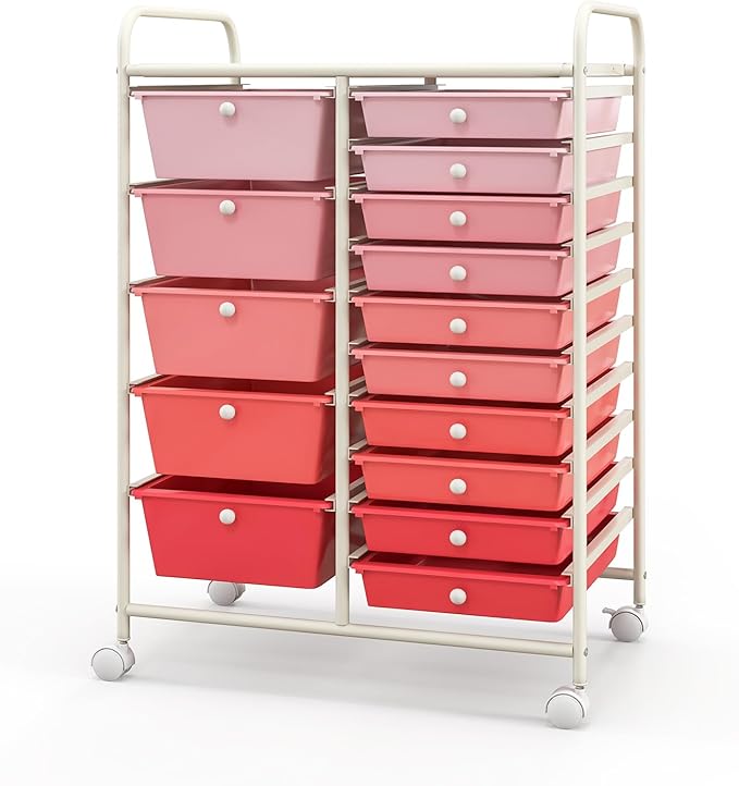 DREAMADE Rolling Cart with 15 Drawers, Rolling Drawer Organizer Cart w/Lockable Wheels, Removable & 2-Sized Storage Drawers, Art Cart for School Home Art Supplies Crafts File Scrapbook (Mixed Pink) by DREAMADE