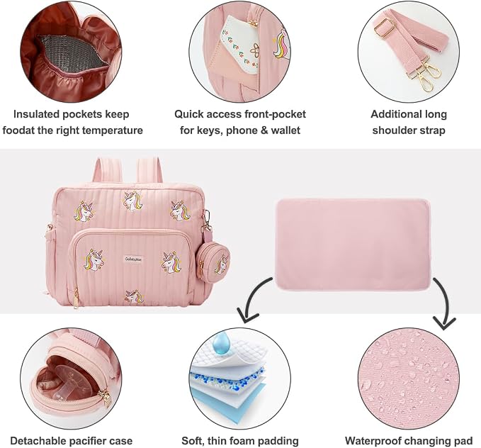 Diaper Bag Backpack with Changing Pad - Travel Baby Bag, Insulated Bottle Pockets, Stroller Straps (Medium - Pink Unicorns) - Image 7