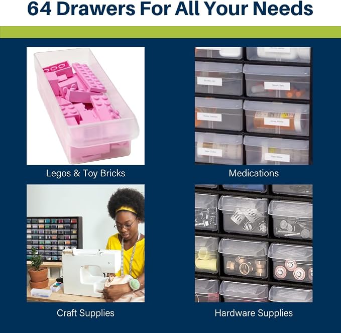 Akro-Mils 64-Drawer Plastic Drawer Storage Cabinet for Garage Organization, Bead Organizer, Building Bricks Storage, Teacher Toolbox, Makeup Organizer, 20-Inch W x 6-Inch D x 16-Inch H, 10164 Yellow - Image 6