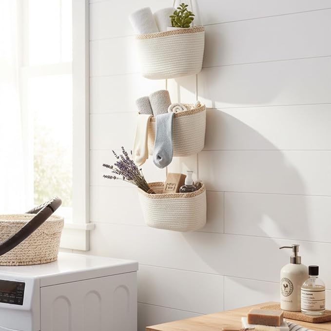 TeoKJ Over the Door Hanging Basket, 3-Tier Woven Cotton Wall-Mounted Storage Organizer Bag Decorative Hanging Nursery Baskets, White & Light Brown - Image 5