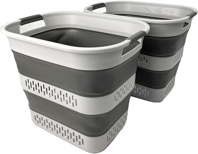 SAMMART 40L (10.5 Gallon) Collapsible Plastic Laundry Basket - Foldable Pop Up Storage Container/Organizer - Portable Laundry Hamper - Space Saving (2, Grey) by SAMMART