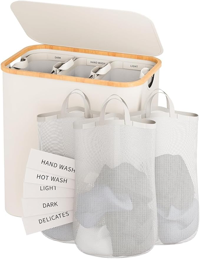 145L Laundry Hamper with Lid, 3 Section Laundry Basket with 3 Removable Bag | Clothes Hampers for Laundry with Bamboo Frame Handle, Large Dirty Clothes Hamper for Laundry Room, Bathroom, Bedroom, Beige by Bathola