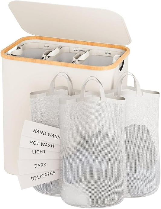 145L Laundry Hamper with Lid, 3 Section Laundry Basket with 3 Removable Bag | Clothes Hampers for Laundry with Bamboo Frame Handle, Large Dirty Clothes Hamper for Laundry Room, Bathroom, Bedroom, Beige by Bathola