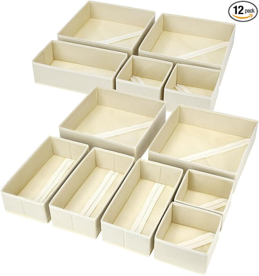 DIMJ Drawer Organizer Clothes, 12 Pack Dresser Organizer, Foldable Closet Organizers and Storage, Fabric Dresser Bins, Drawer Dividers for Nursery, Baby Clothes, Underwears, Sock (Beige) by DiMJ