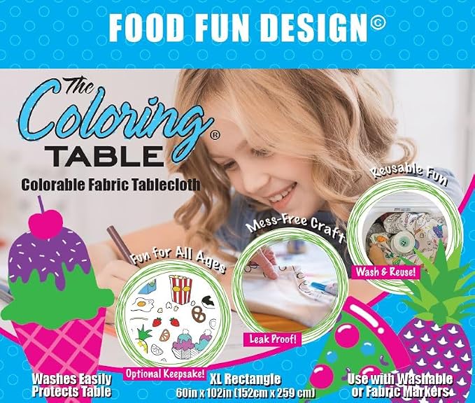 Food Fun Design – XL Rectangle Tablecloth 60”X102” - Interactive Coloring Tablecloth for Kids – Poly/Cotton Fabric - Washable and Reusable – DIY Activity for Children and Adults - Image 2