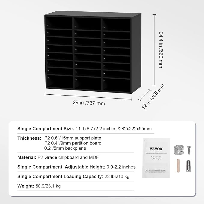 VEVOR Literature Organizers, 24 Compartments Office Mailbox with Adjustable Shelves, Wood Literature Sorter 29x12x24.4 inches for Office, Home, Classroom, Mailrooms Organization, EPA Certified Black | Office Mailbox with Adjustable Shelves, Literature ... - Image 7