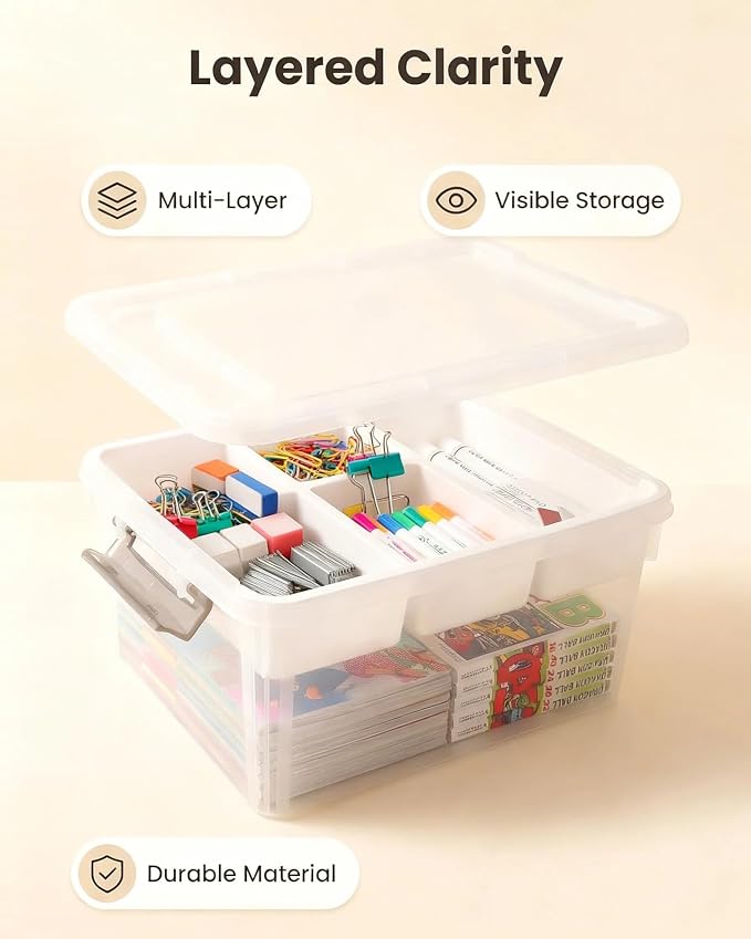 EOENVIVS 17 QT Clear Craft Storage Organizer Box with Removable Tray, Plastic Storage Bins with lids for Kids Art Supplies, Toys, Beads, Tools, Sewing & Classroom Clear+White Bulcket - Image 2