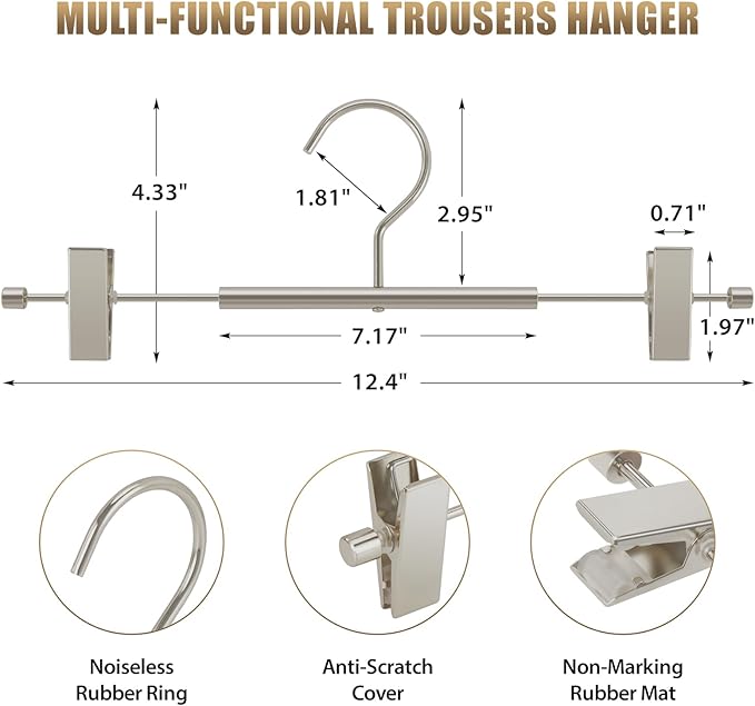 VWV 20 Pack Pants Hangers with Clips, 12.4 Inch Aluminum Skirt Hangers with 360° Swivel Hooks, Heavy Duty Space Saving Closet Hangers for Jeans, Slacks, Shorts(Matte Pearl Nickel - Image 3