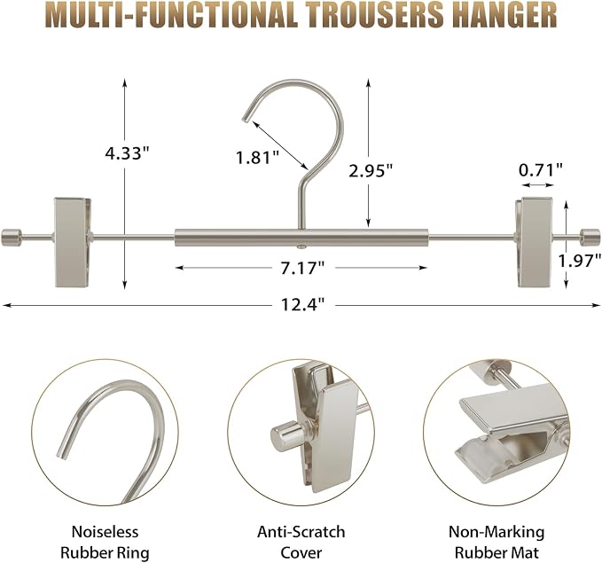 VWV 10 Pack Pants Hangers with Clips, 12.4 Inch Aluminum Skirt Hangers with 360° Swivel Hooks, Heavy Duty Space Saving Closet Hangers for Jeans, Slacks, Shorts (Matte Pearl Nickel) - Image 3