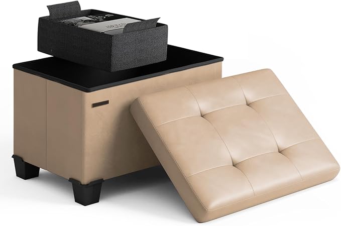 Storage Ottoman Cube with Small Bin, 16-in Square Ottoman with Storage for Living Room and Bedroom, Small Ottomans Foot Rest, Leather Foot Stools Ottomans Max 330lbs, Taupe by STORAGEBUD