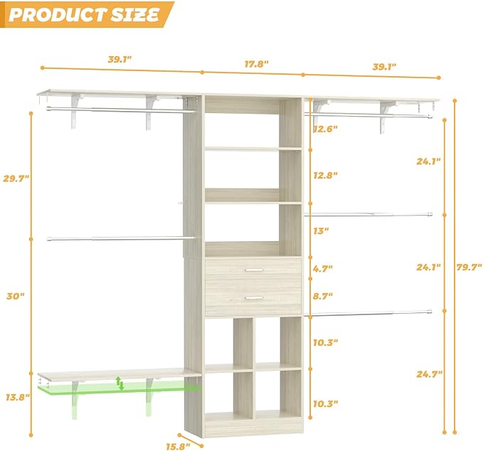Besiost Closet System - 5-8FT Closet Organizer System with Wooden Drawers & Cube Storage Organizer, Up To 96" Closet Systems for Nursery & Walk-In Closets with Cuttable Hanging Shelving, Greige Oak - Image 8