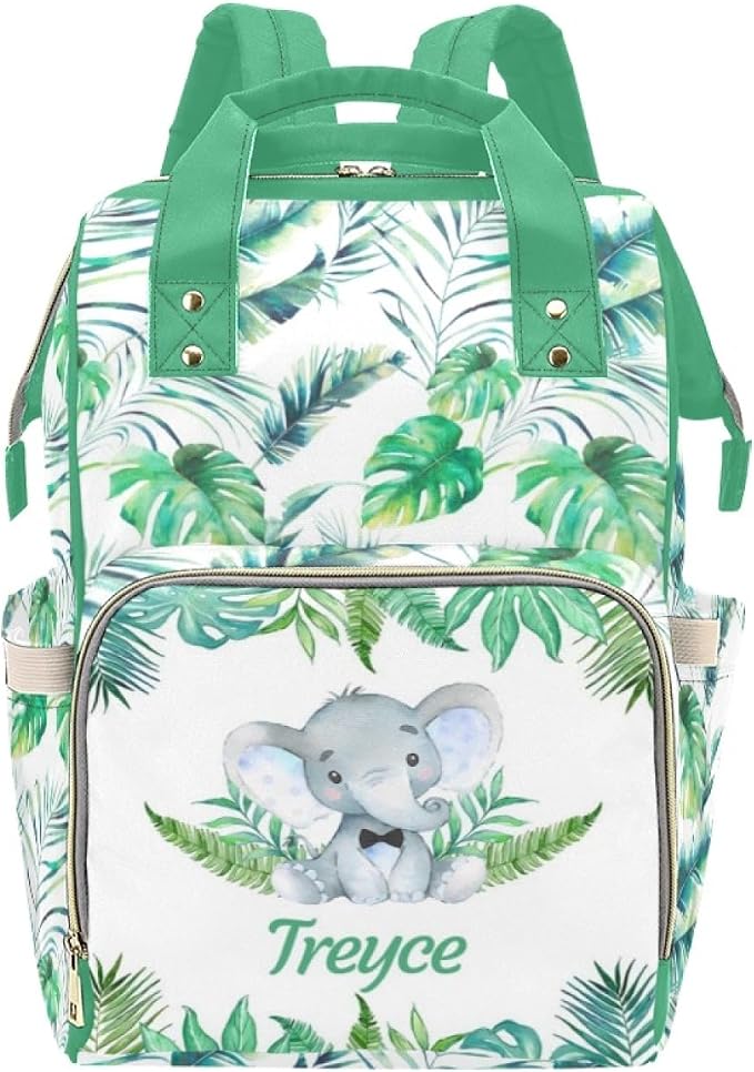 Custom Diaper Bag with Name Personalized Elephant Leaf Nylon Travel Backpack for Holiday Travel Customized Nappy Changing Bag with Pockets for New Mom by Noverbibi